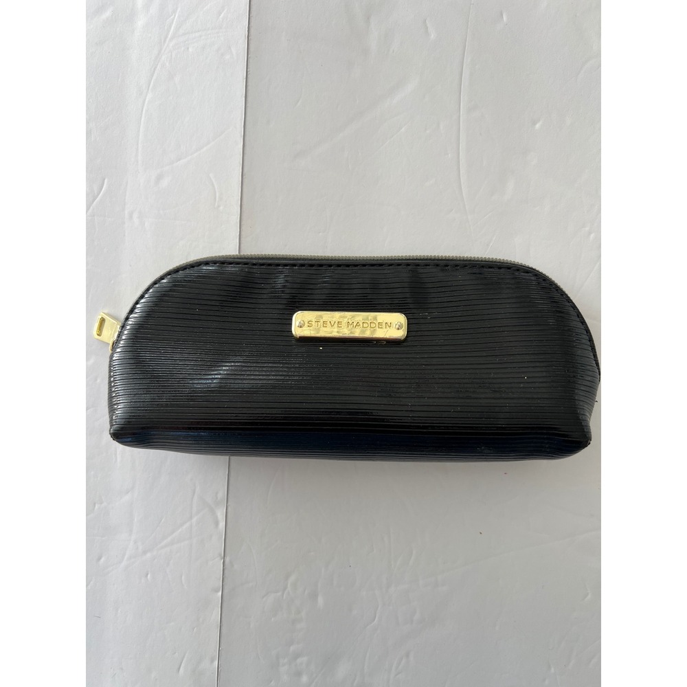 Steve Madden Black Ribbed Cosmetic Bag Gold Tone Logo Makeup Pouch